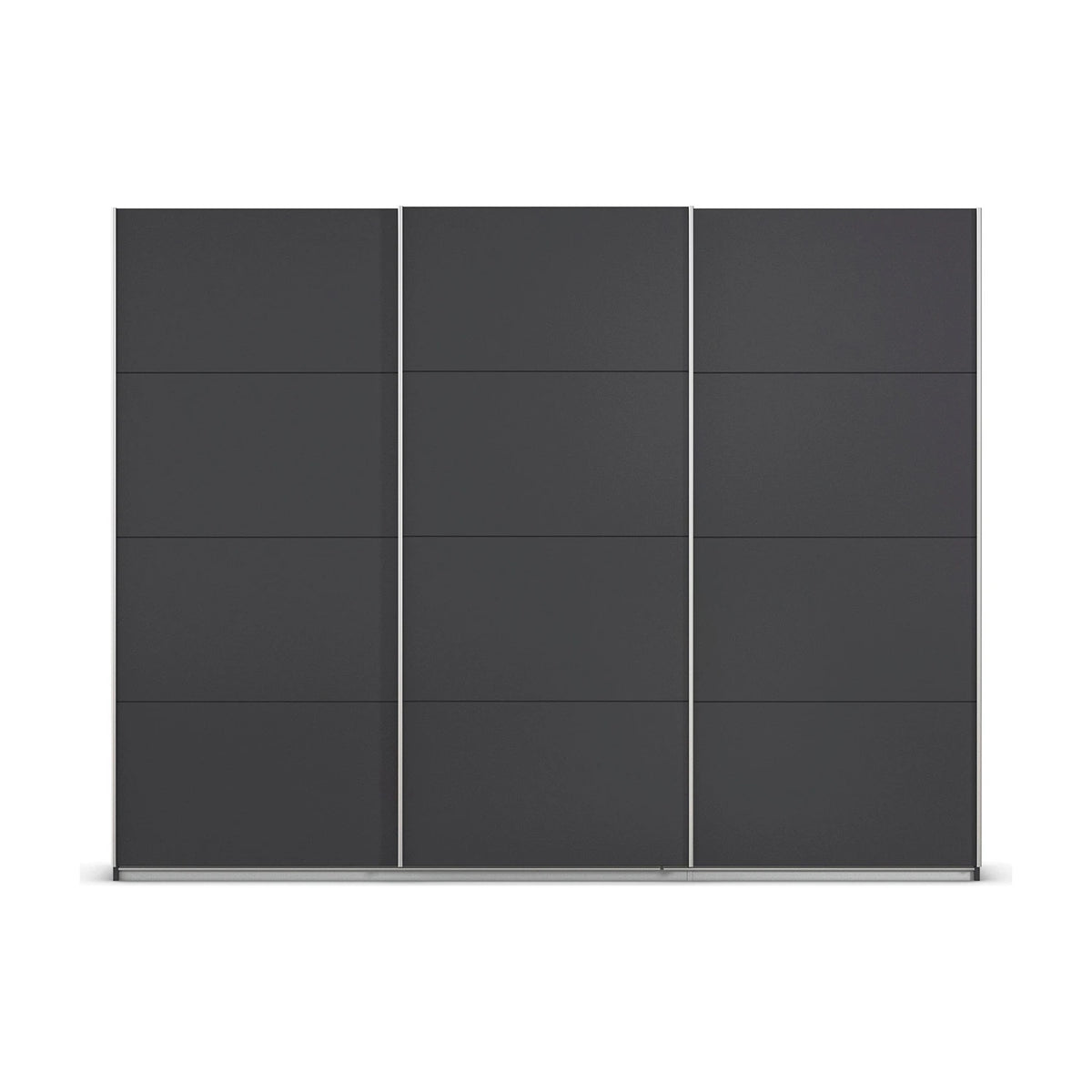 A modern four-panel three sliding Door Rauch Impulse wardrobe in a dark charcoal gray finish, shown against a plain white background.