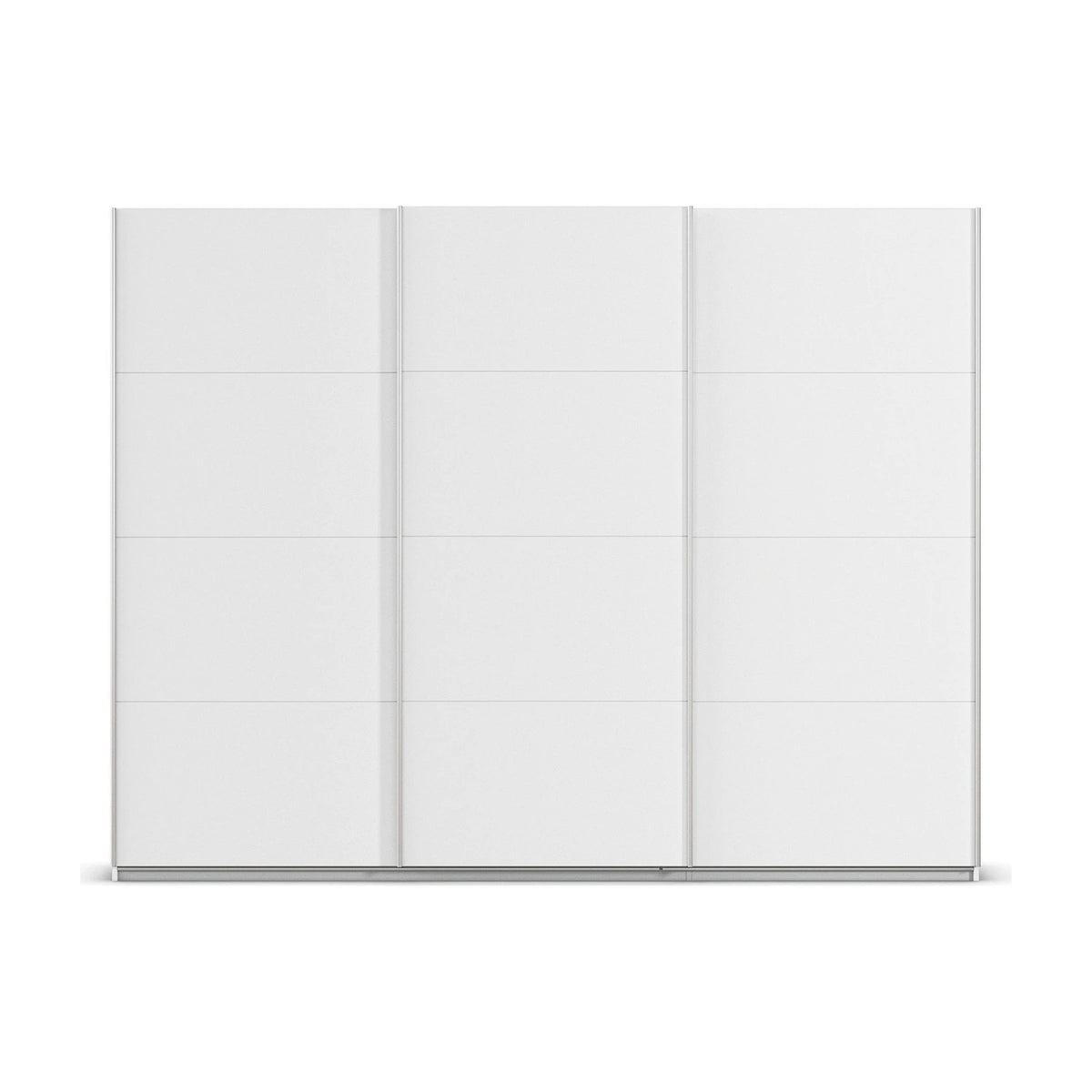 A modern four Panel, three door white sliding Wardrobe with Aluminium Door Handles 