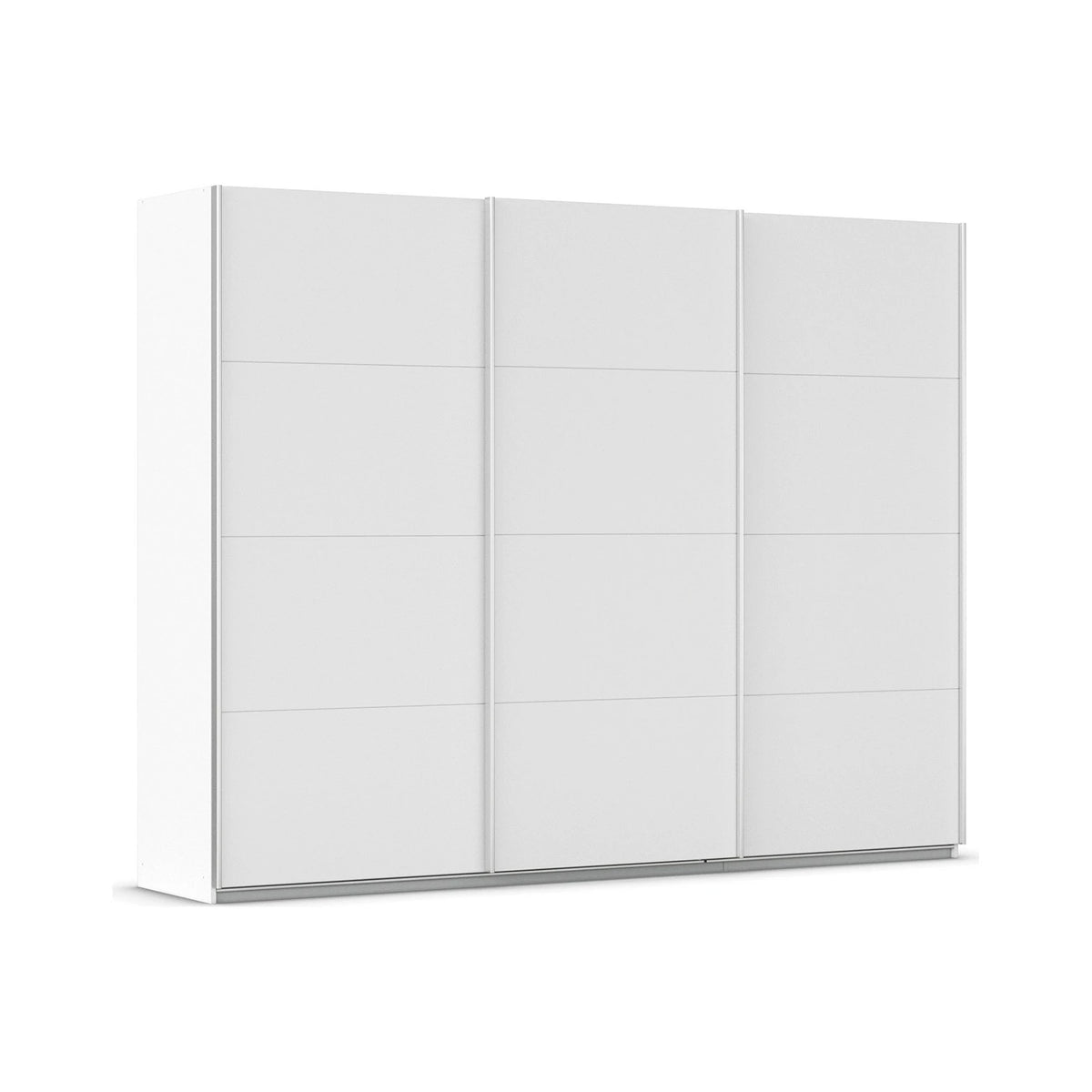 Rauch Impulse three-door sliding wardrobe or closet cabinet in a clean white finish, shown from a three-quarter angle on a solid white background.
