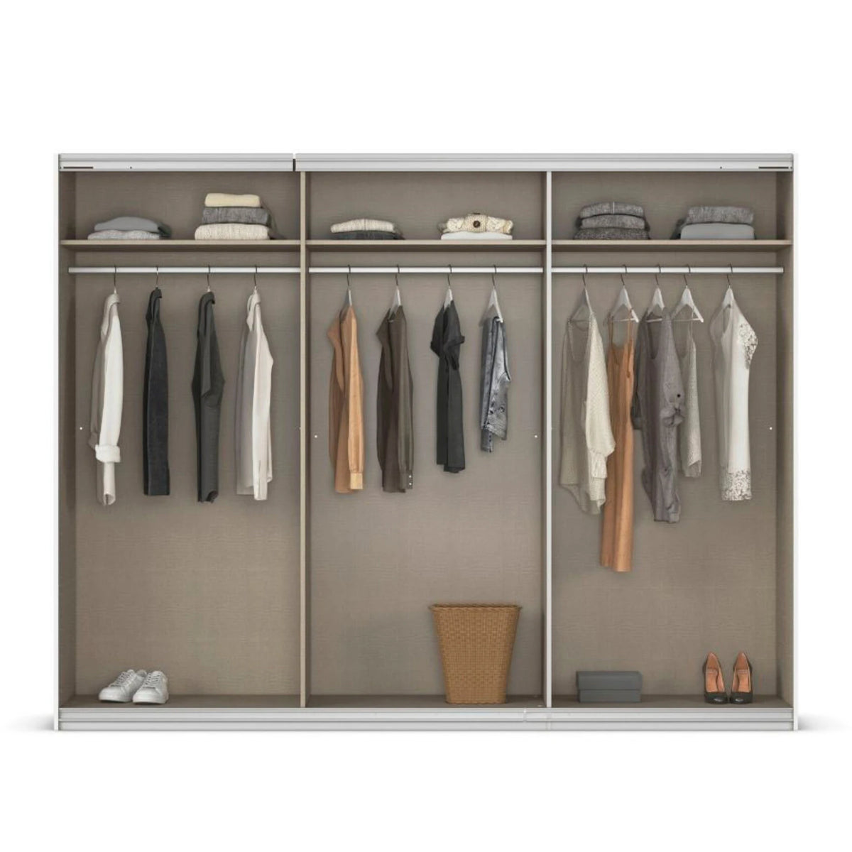 Rauch Wardrobe W271cm Interior, A modern three-compartment sliding wardrobe with frame and beige interior walls, shown open and styled with folded and hanging clothes, shoes, and a basket on a white background.
