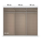 A three-door Rauch Impulse wardrobe or closet Interior with a warm taupe-brown fabric finish and silver metal rails, shown with overlaid dimension labels reading 90 cm across the top and 52 cm on the lower left.