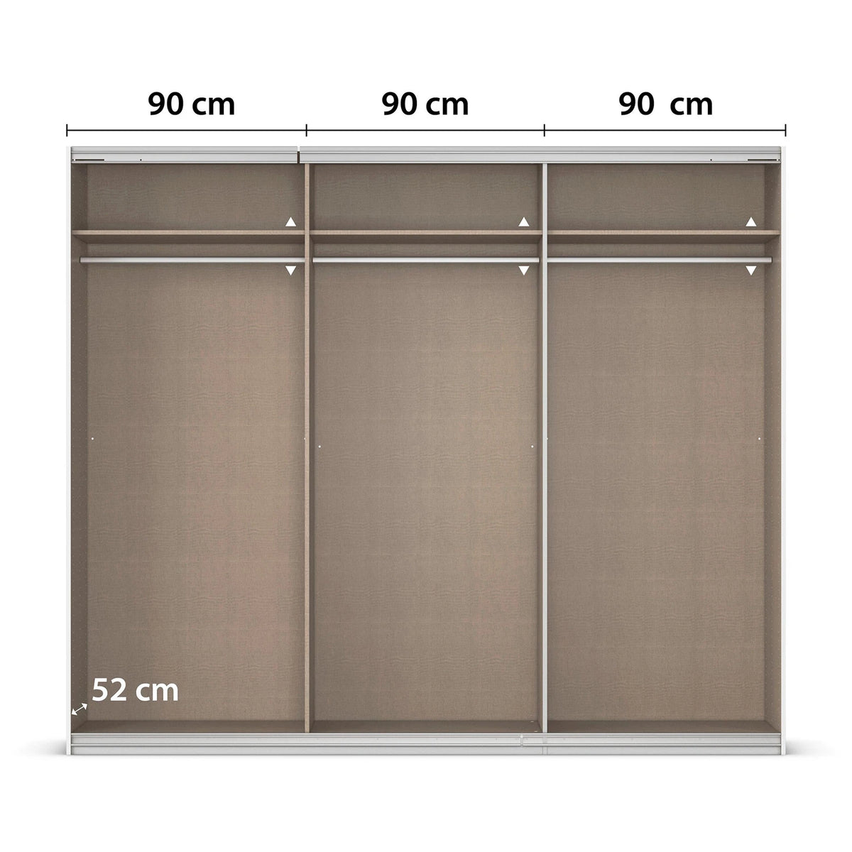 A three-door Rauch Impulse wardrobe or closet Interior with a warm taupe-brown fabric finish and silver metal rails, shown with overlaid dimension labels reading 90 cm across the top and 52 cm on the lower left.