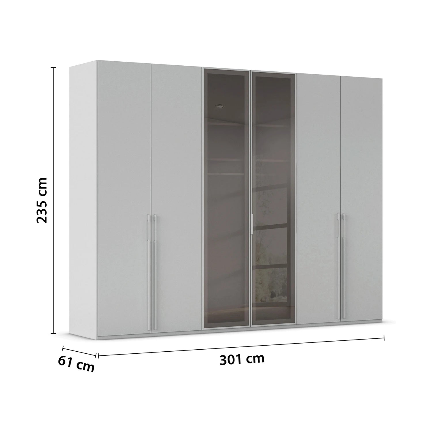Rauch Kacey Silk Grey 301cm 6 door wardrobe with dark grey glass centre doors - Height 235cm