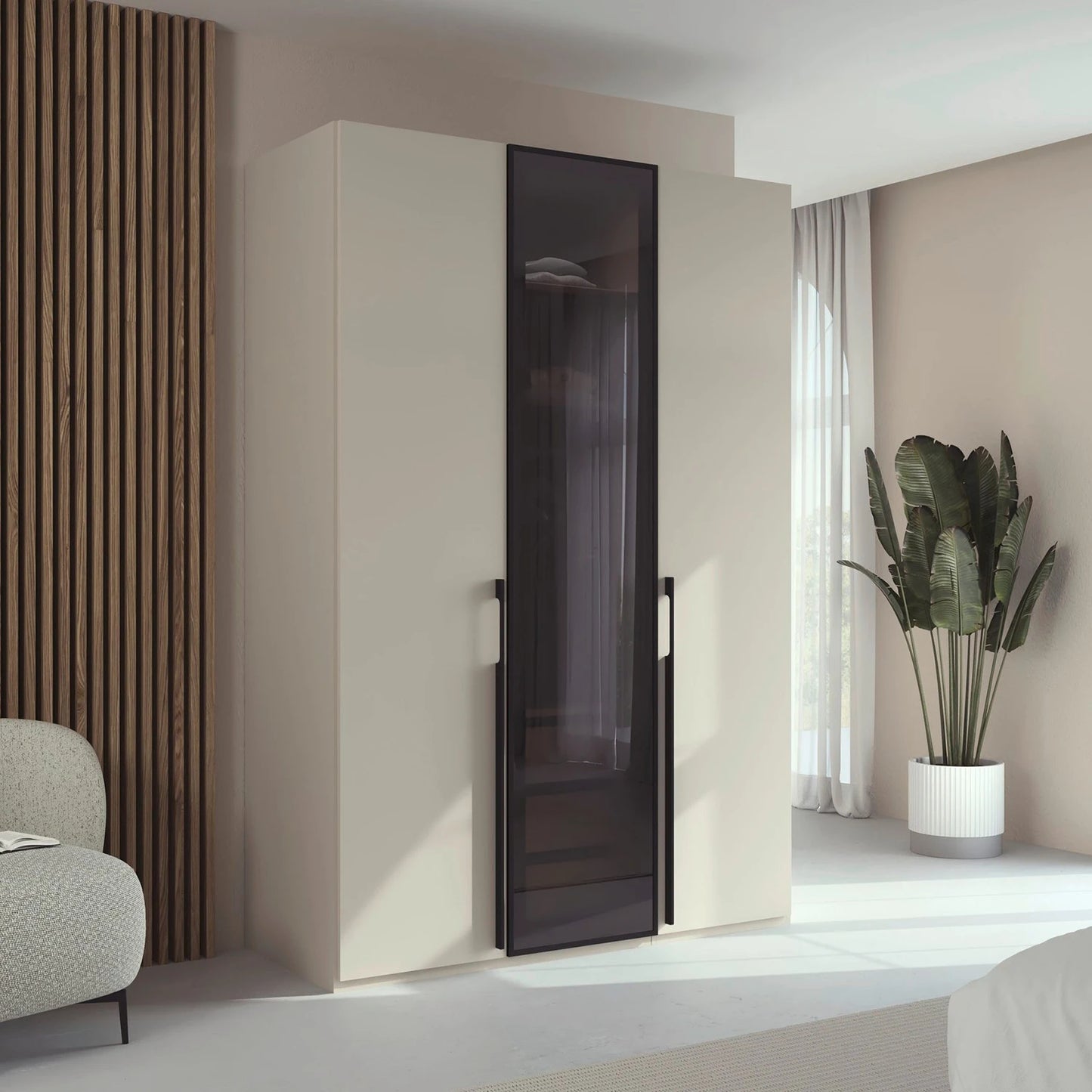 Shop the Rauch Kacey Champagne 3 Door Wardrobe with dark glass centre door, black handles, free assembly and 10-year warranty.