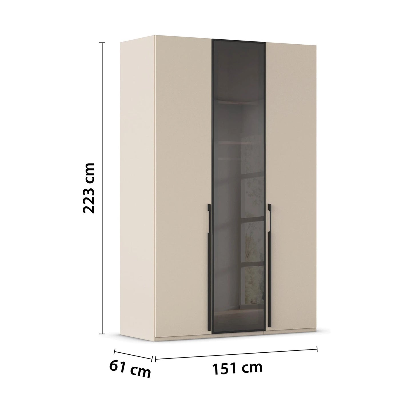 Champagne wardrobe with black metal handles and smoked glass panel