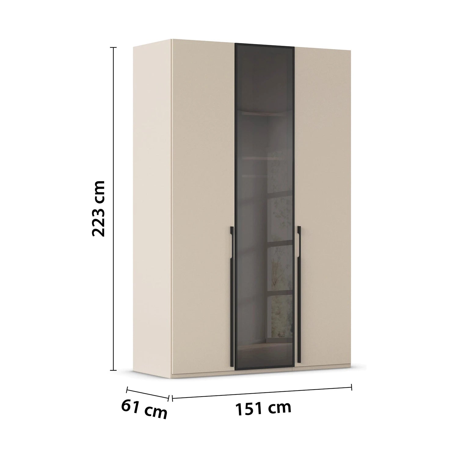 Champagne wardrobe with black metal handles and smoked glass panel