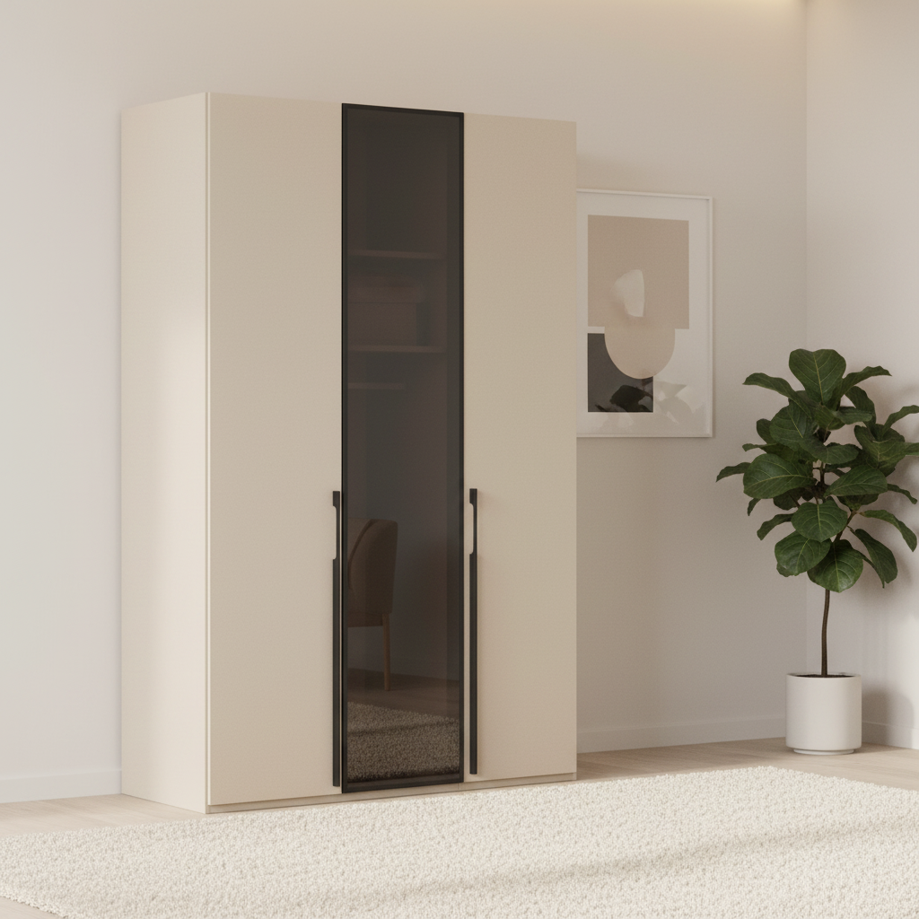 Rauch Kacey wardrobe with dark glass centre door and premium storage