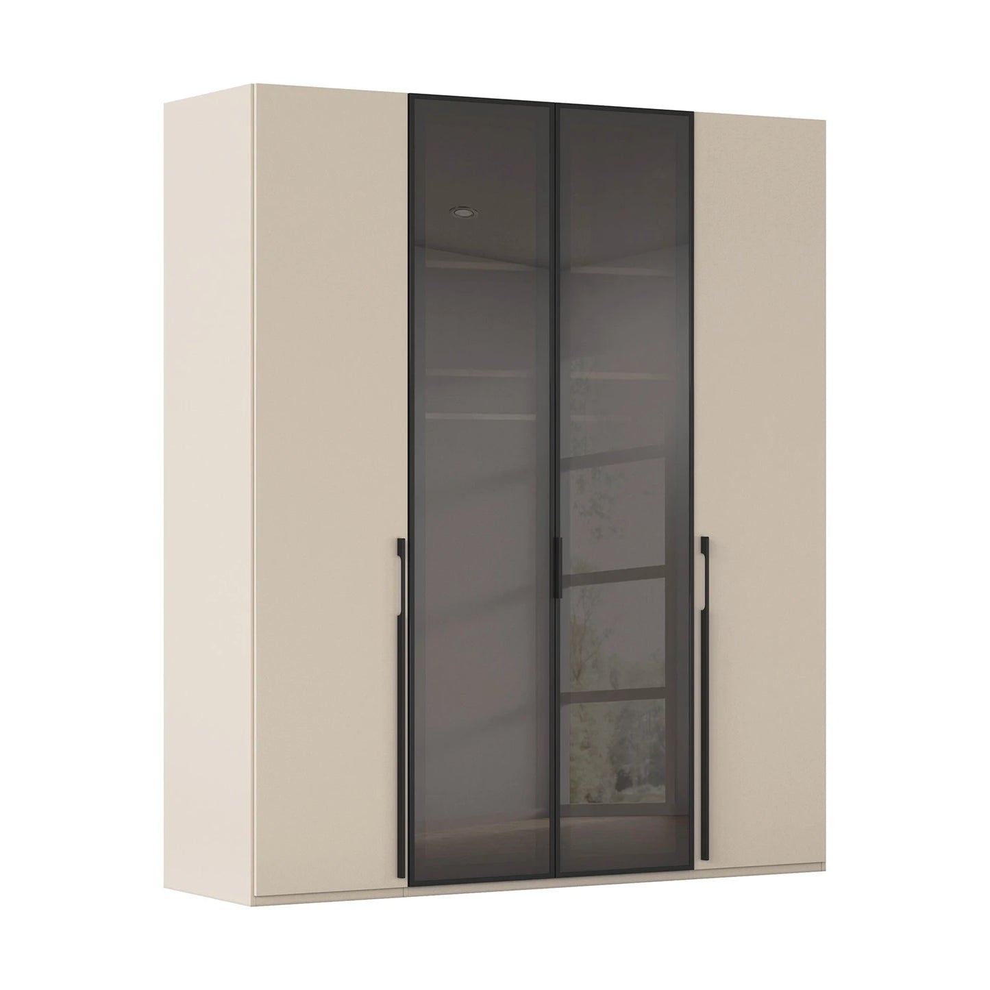 Champagne wardrobe with black handles and smoked glass centre panels