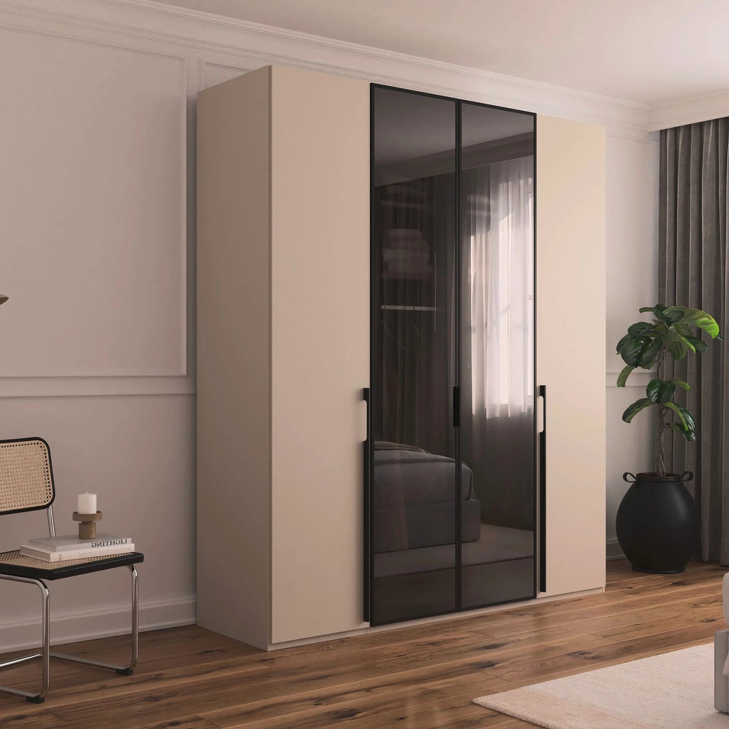 Rauch Kacey Champagne 4 door wardrobe with dark grey glass centre doors Styled in a Modern room