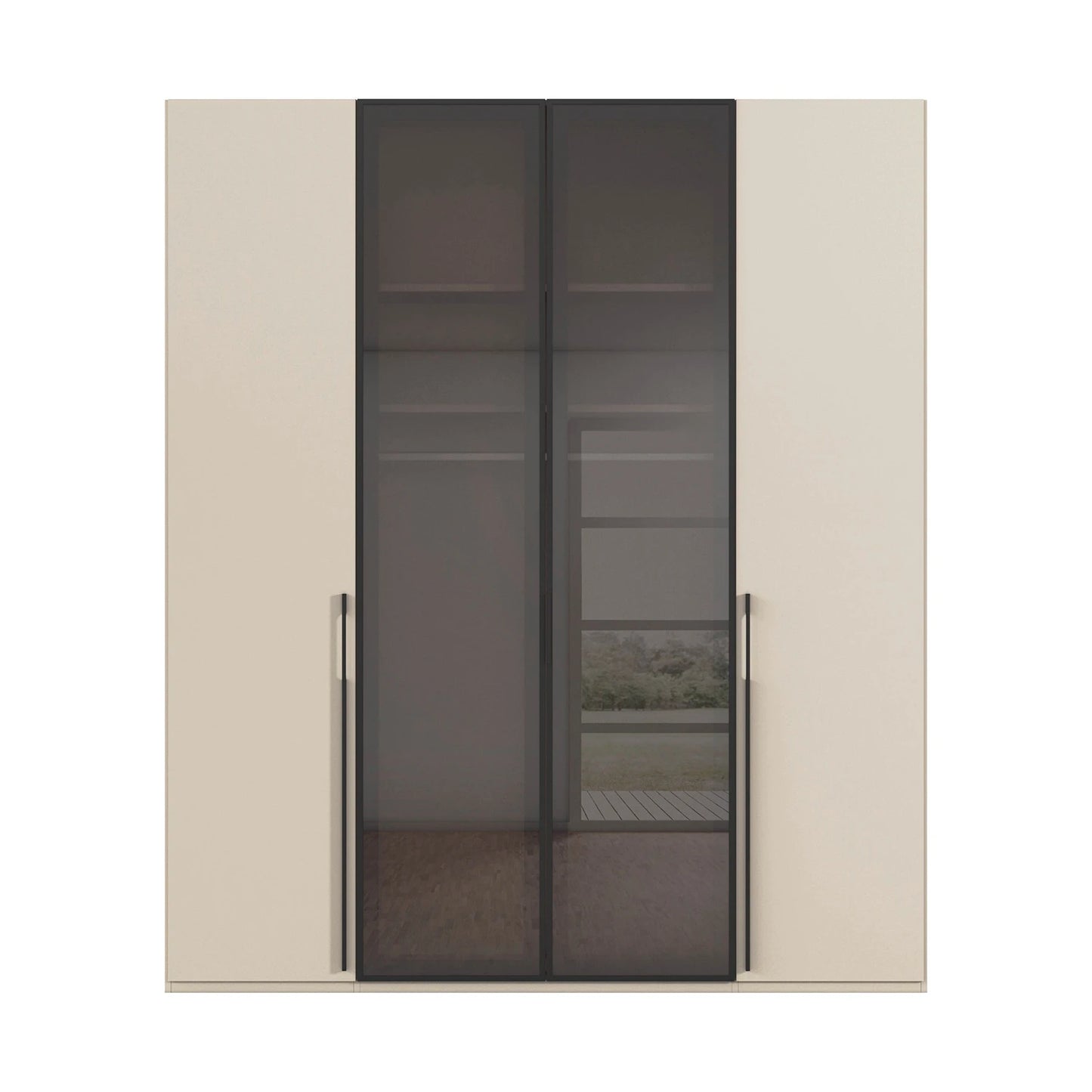 Rauch Kacey wardrobe with dark glass centre doors and premium storage