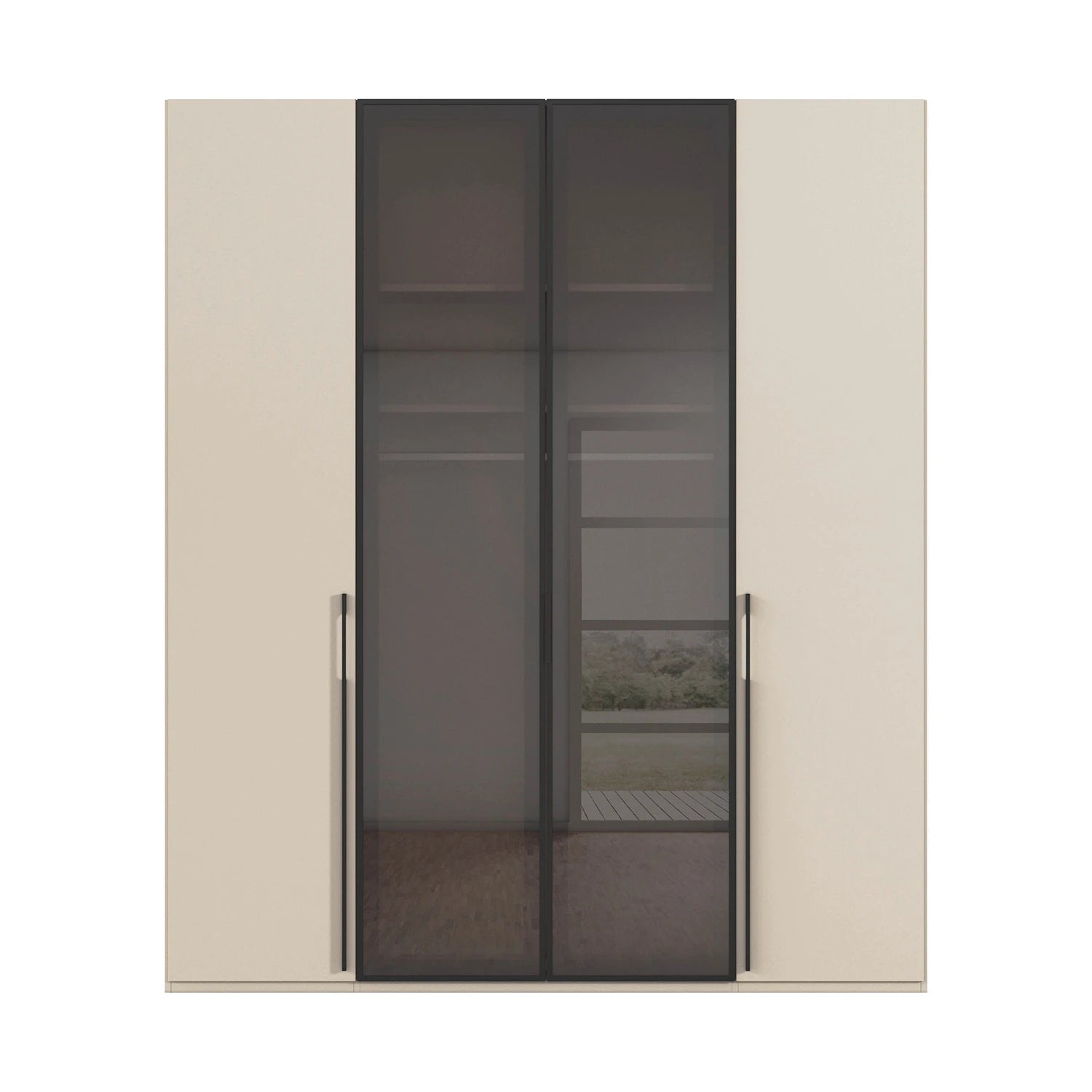 Rauch Kacey wardrobe with dark glass centre doors and premium storage