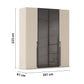 Champagne coloured 4 door wardrobe with black metal handles and soft close doors - Width 201cm Height 223cm