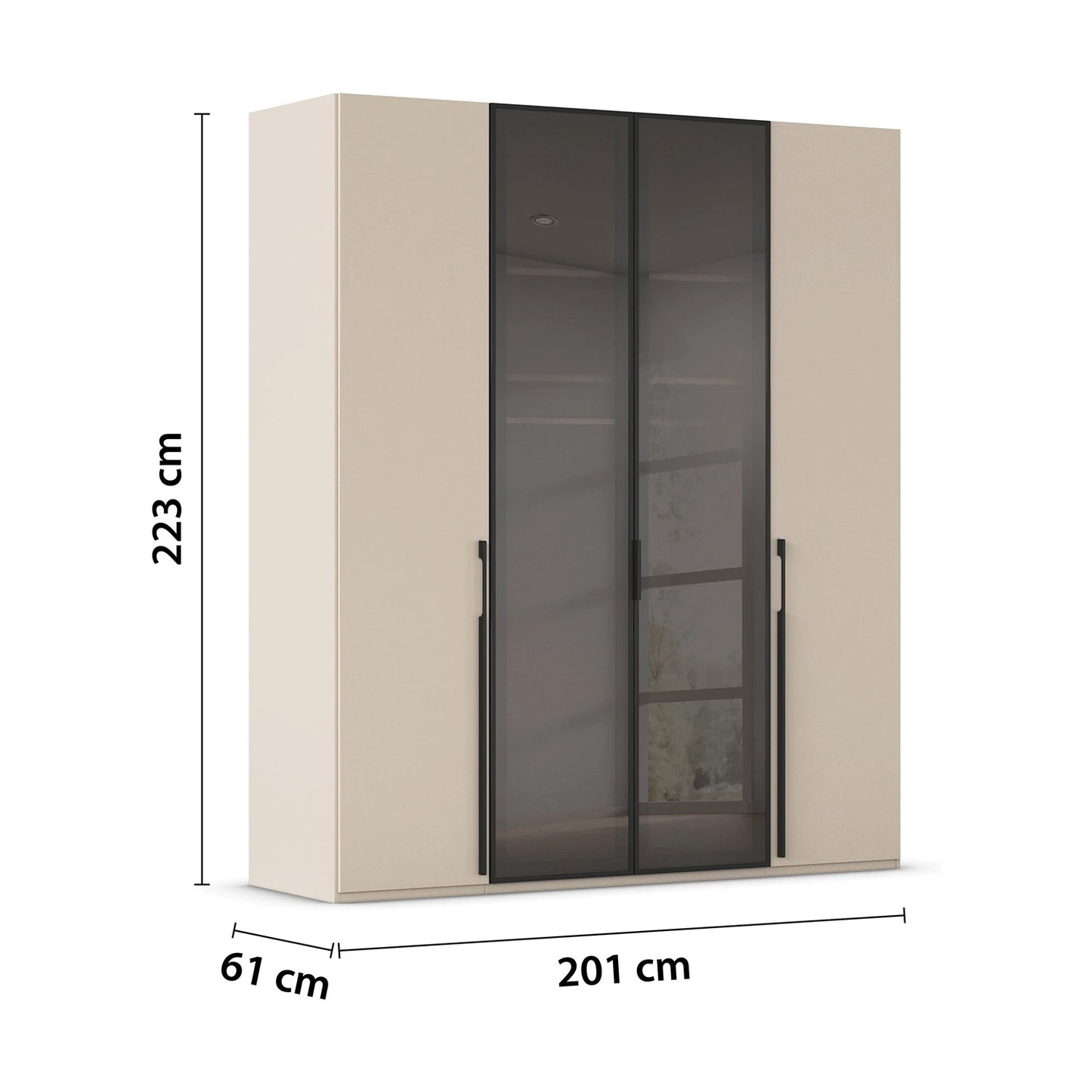 Champagne coloured 4 door wardrobe with black metal handles and soft close doors - Width 201cm Height 223cm