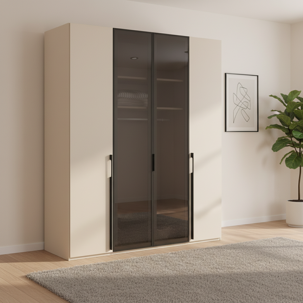 Shop the Rauch Kacey Champagne 4 Door Wardrobe with glass centre doors, black handles, free assembly and 10-year warranty. Width 201cm Height 223cm