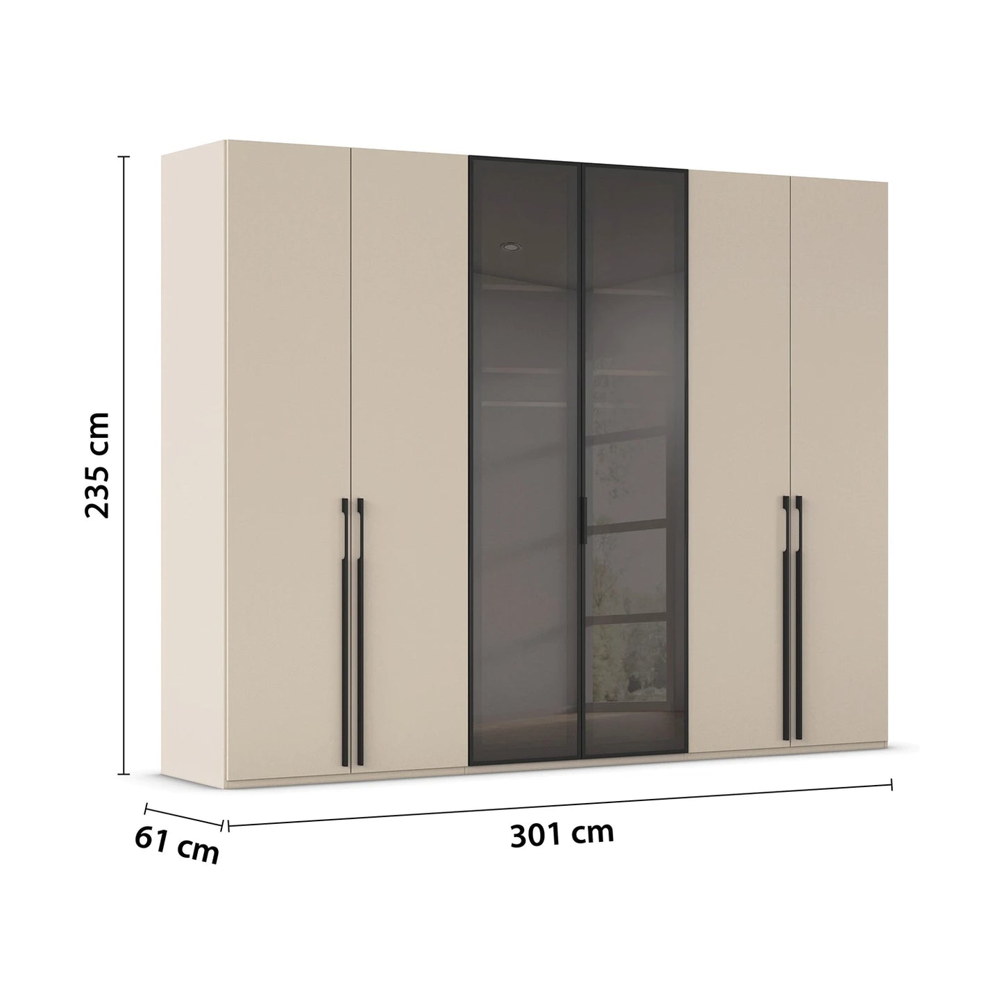 Rauch Kacey Champagne 6 Door Wardrobe With Glass Centre Doors – 301cm