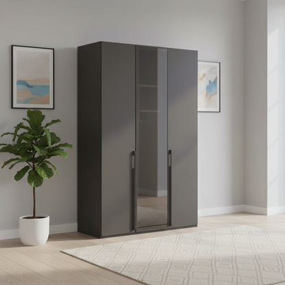 Rauch Kacey Graphite 151cm 3 door wardrobe with dark grey glass centre door