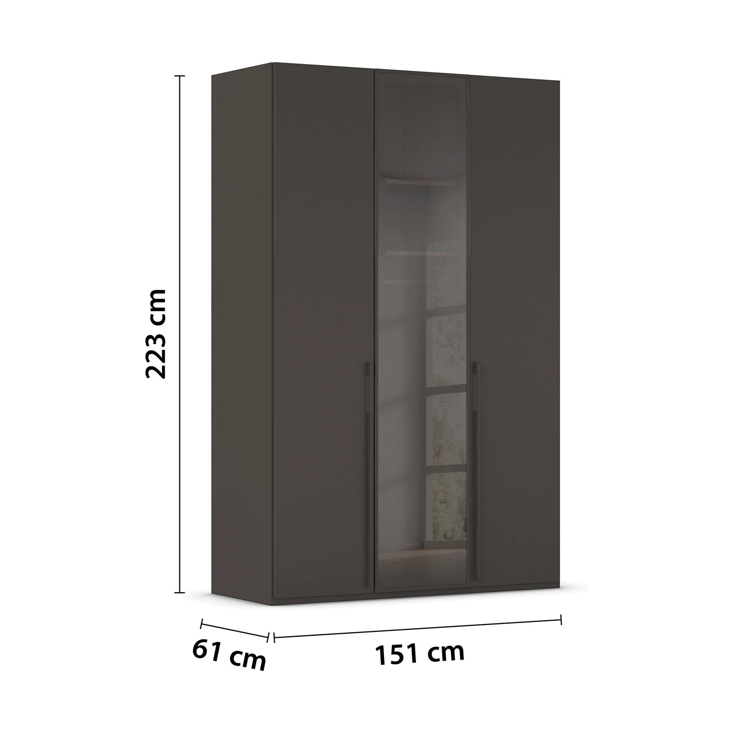 Modern Rauch Kacey wardrobe with smoked glass middle panel and metal handles
