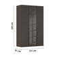 Modern Rauch Kacey wardrobe with smoked glass middle panel and metal handles with Dimensions labelled on White background