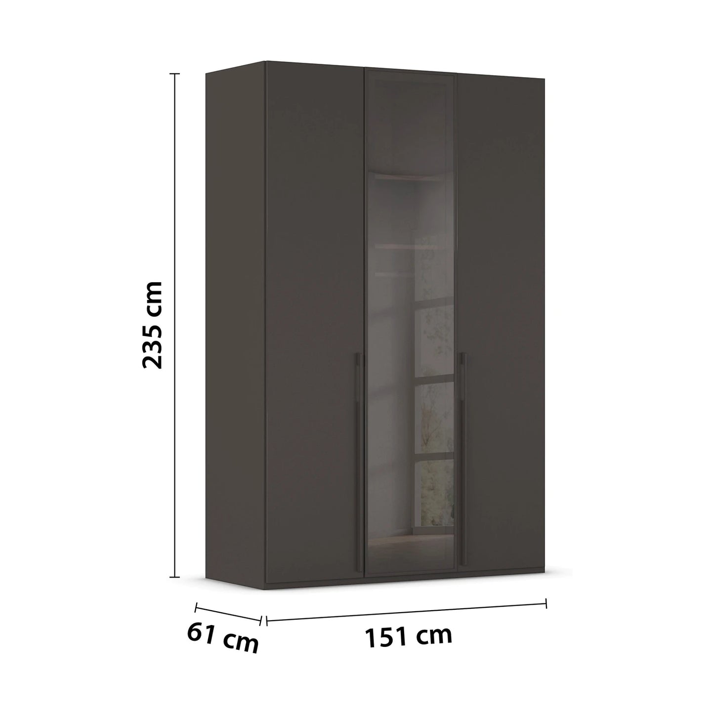 Modern Rauch Kacey wardrobe with smoked glass middle panel and metal handles with Dimensions labelled on White background
