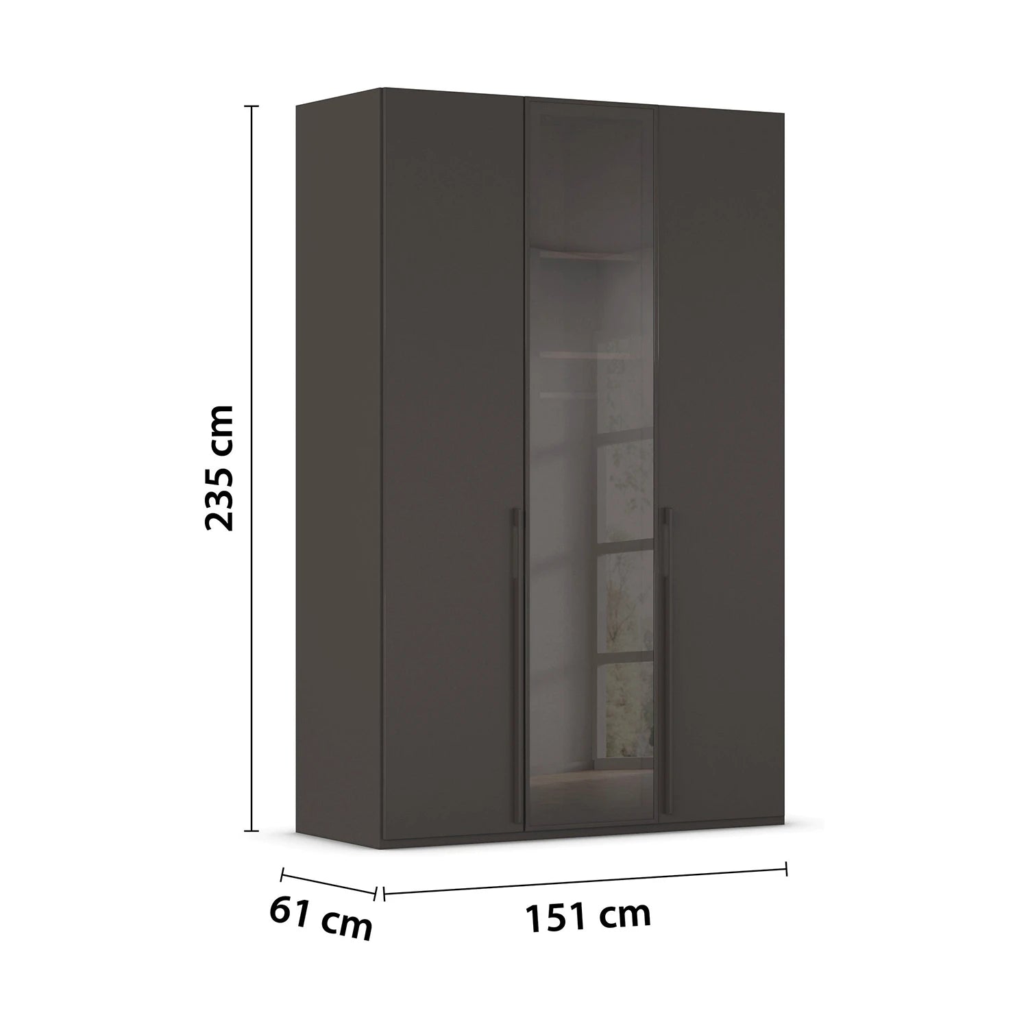 Modern Rauch Kacey wardrobe with smoked glass middle panel and metal handles with Dimensions labelled on White background