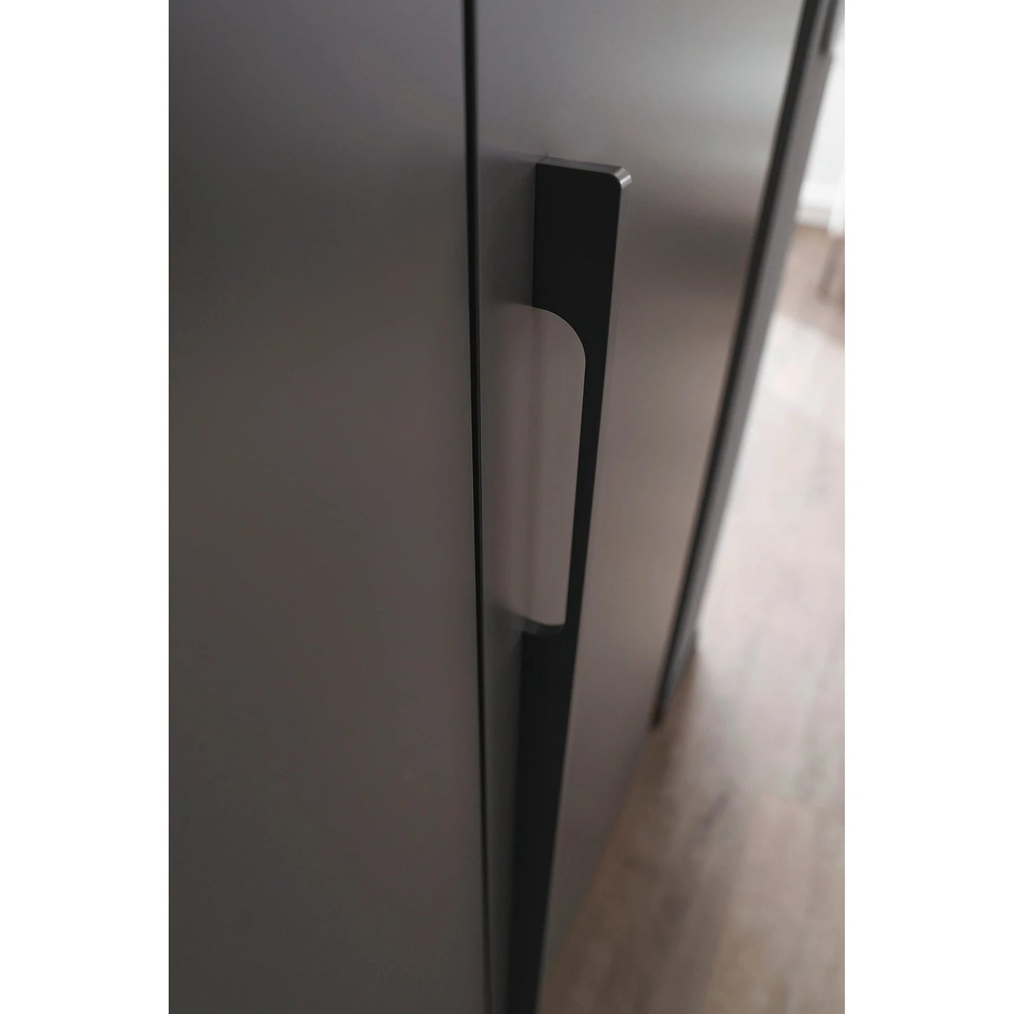 Metal Door Handle Close up of Rauch Kacey 151cm 3 door wardrobe with dark grey glass centre door