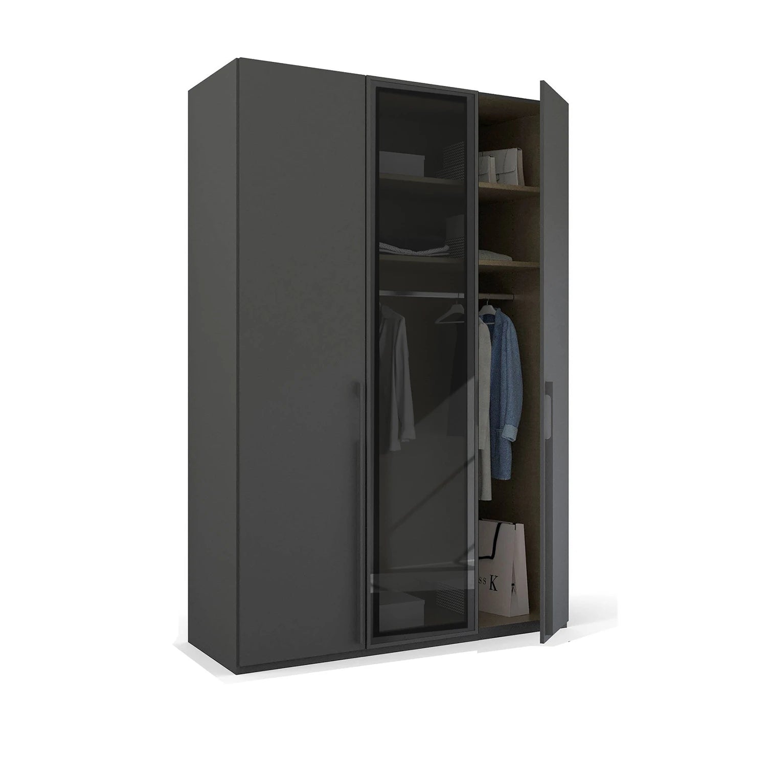 Modern Rauch Kacey wardrobe with smoked glass middle panel and metal handles Width 151cm Height 223cm
