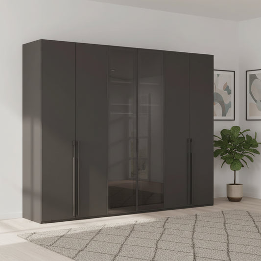 Rauch Kacey 301cm 6 door wardrobe in Graphite with dark grey glass centre doors and soft close hinges