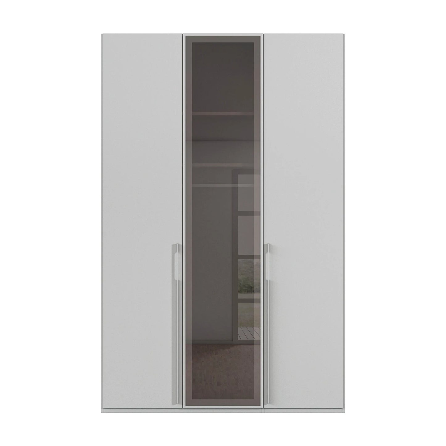 Straight view of Rauch Kacey Silk Grey  3 door wardrobe with dark grey glass centre door