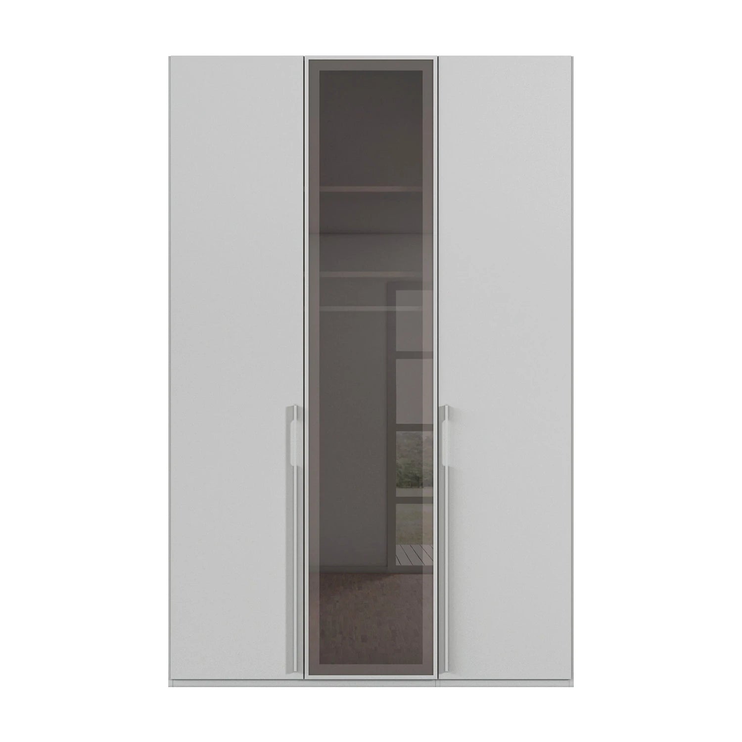 Straight view of Rauch Kacey Silk Grey  3 door wardrobe with dark grey glass centre door