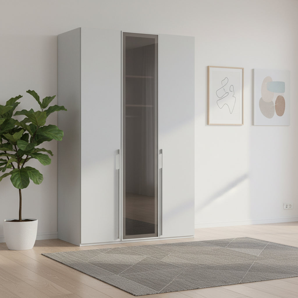 Rauch Kacey Silk Grey 151cm 3 door wardrobe with dark grey glass centre door