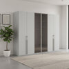 Shop the Rauch Kacey Silk Grey 301cm 6 Door Wardrobe with glass centre doors, 6 shelves, 3 rails, free assembly and 10-year warranty.