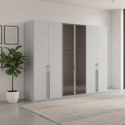Shop the Rauch Kacey Silk Grey 301cm 6 Door Wardrobe with glass centre doors, 6 shelves, 3 rails, free assembly and 10-year warranty.