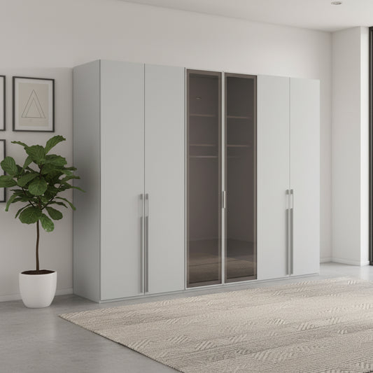 Shop the Rauch Kacey Silk Grey 301cm 6 Door Wardrobe with glass centre doors, 6 shelves, 3 rails, free assembly and 10-year warranty.