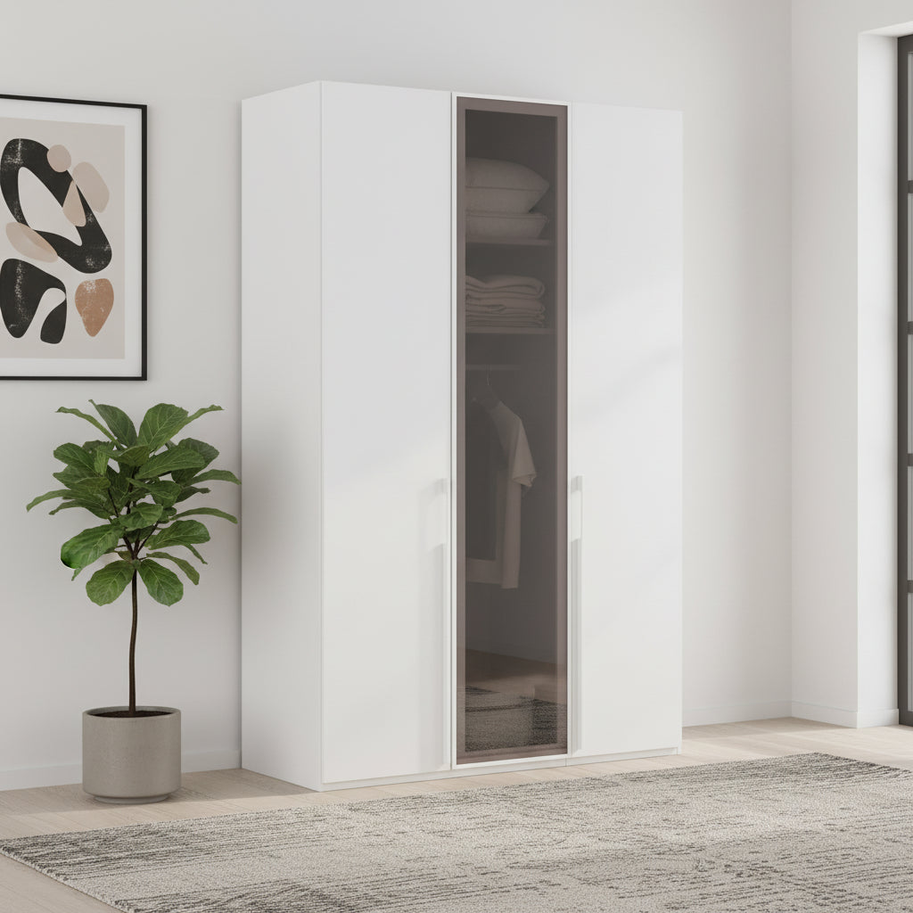 Rauch Kacey White 151cm 3 door wardrobe with dark grey glass centre door