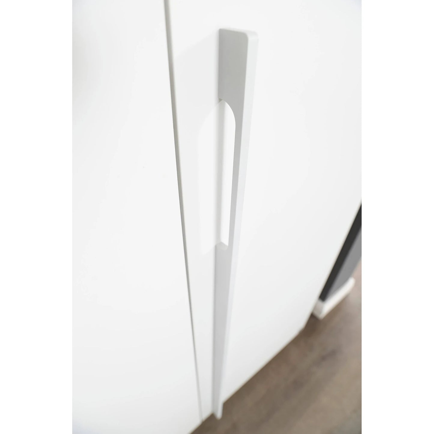 Close up Door Handle of Rauch Kacey White  3 door wardrobe with dark grey glass centre door 