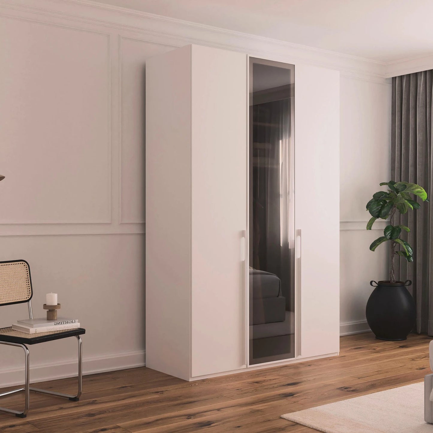 Rauch Kacey White 151cm 3 door wardrobe with dark grey glass centre door Styled in a modern room