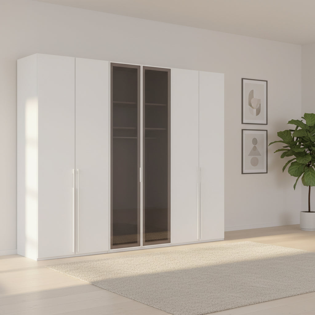 White Rauch Kacey 6 door wardrobe with tinted glass centre panels