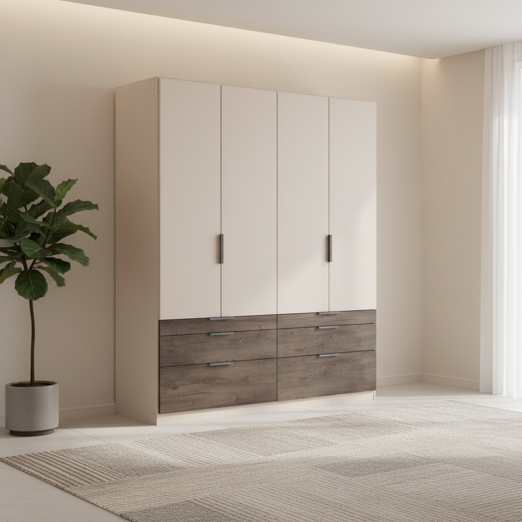 Kodi champagne wardrobe showing the three graduated drawer depths beneath each pair of doors