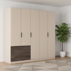Kodi champagne 226cm wardrobe showing three full-height doors beside the drawer unit