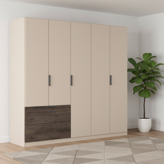 Kodi champagne 226cm wardrobe showing three full-height doors beside the drawer unit