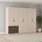 Large German-made Rauch Kodi 6 door wardrobe in Champagne with three Atlantic Dark Oak drawers, fitted left or right. 271cm wide.