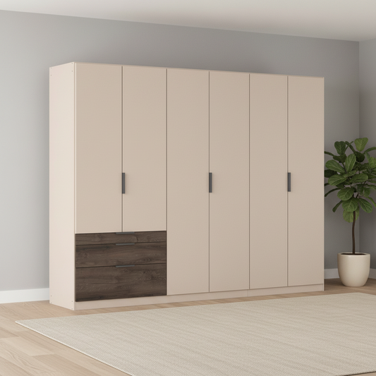 Large German-made Rauch Kodi 6 door wardrobe in Champagne with three Atlantic Dark Oak drawers, fitted left or right. 271cm wide.