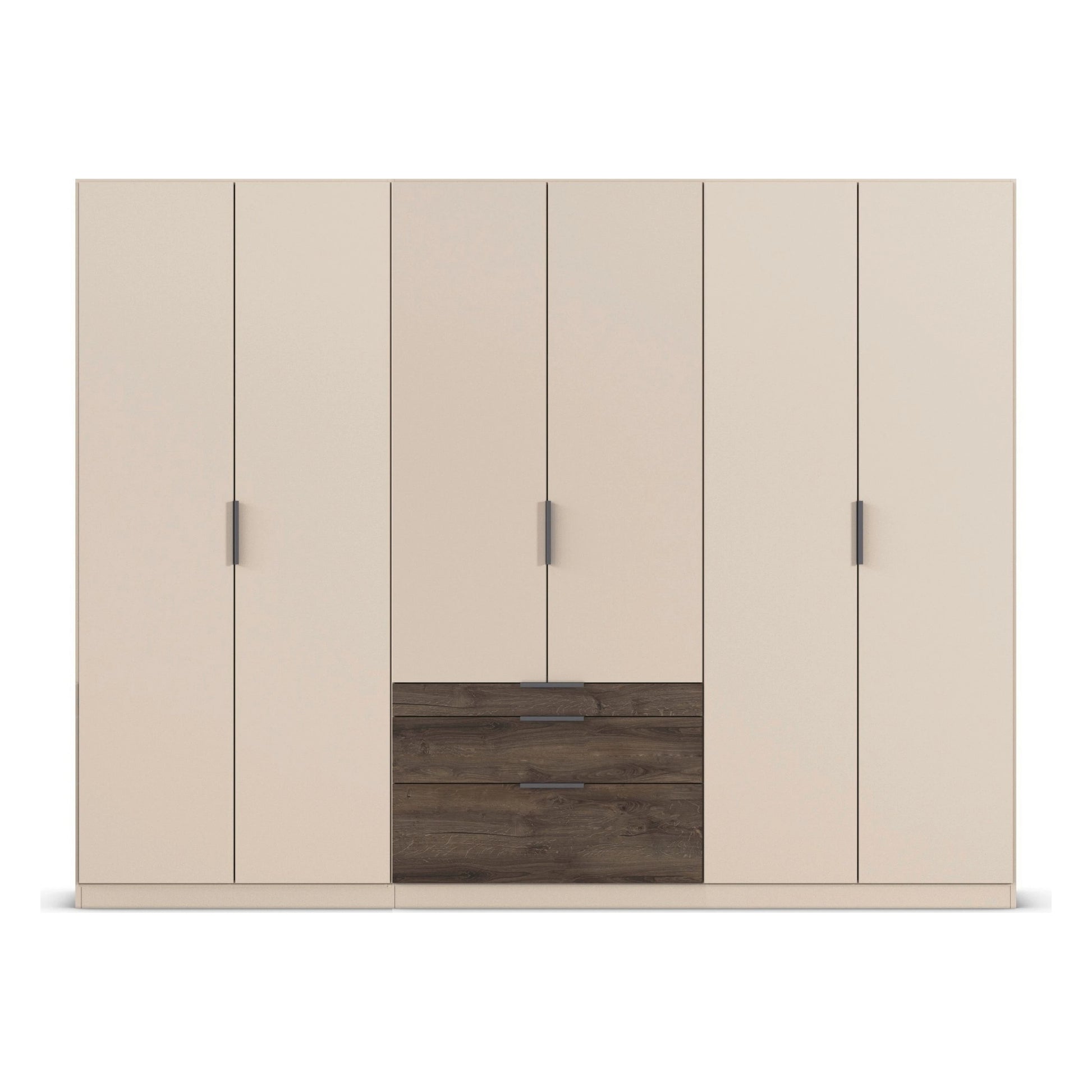 A modern 6-door wardrobe with a light beige finish and a dark brown wood-grain drawer unit at the bottom center, shown on a solid white background.