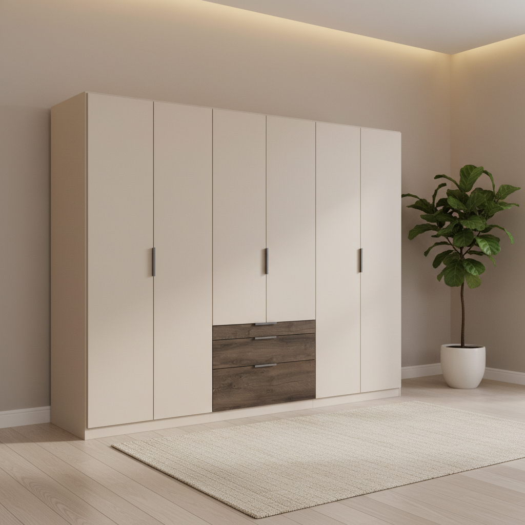 Rauch Kodi large six door wardrobe in Champagne with three Atlantic Dark Oak drawer fronts