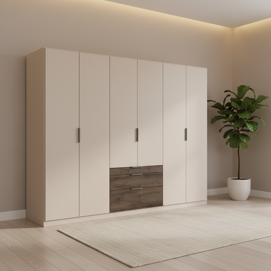 Rauch Kodi large six door wardrobe in Champagne with three Atlantic Dark Oak drawer fronts