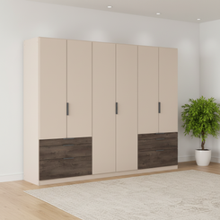 Large German-made Rauch Kodi 6 door wardrobe in Champagne with six Atlantic Dark Oak drawers. 271cm wide with a full-height centre section.