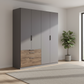 German-made Rauch Kodi 4 door wardrobe in Metallic Grey with three Atlantic Dark Oak drawers, fitted left or right to suit your room. 181cm wide.