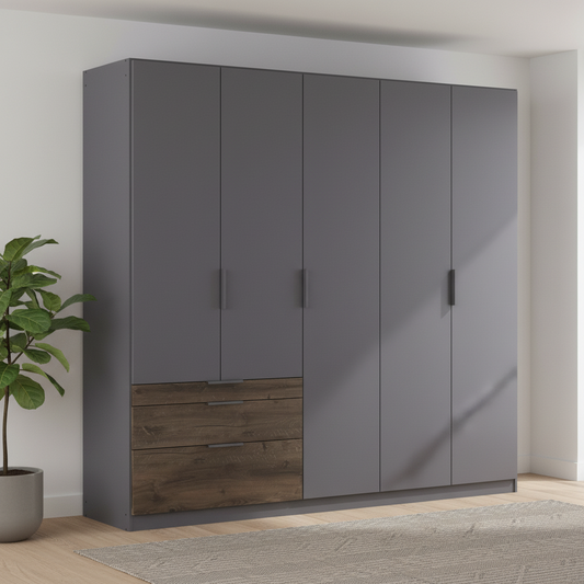 Rauch Kodi 226cm wardrobe showing three full-height doors beside the drawer unit