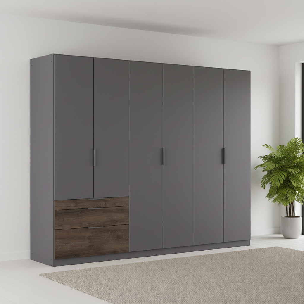 Rauch Kodi Metallic Grey Large 6 Door Wardrobe with 3 Drawers – 271cm