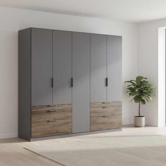 German-made Rauch Kodi 5 door wardrobe in Metallic Grey with six Atlantic Dark Oak drawers and a full-height centre compartment. 226cm wide.